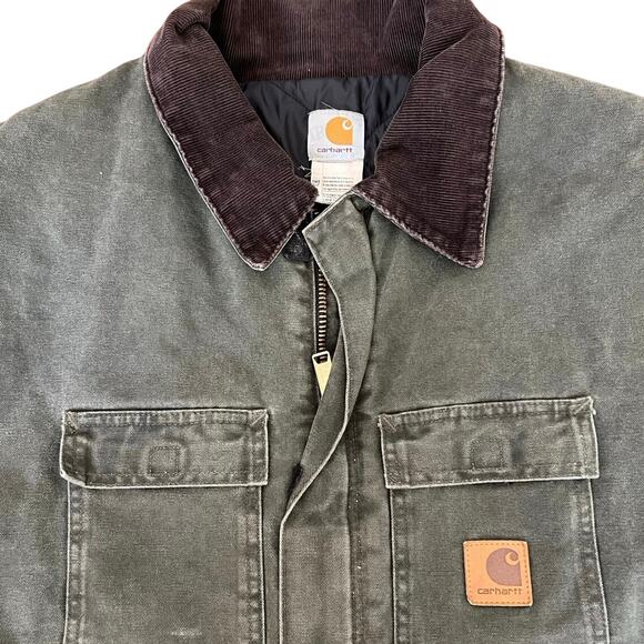 Vintage Carhartt Duck Canvas Work Vest Quilted Lined Green Corduroy Collar 4XL - Picture 4 of 9